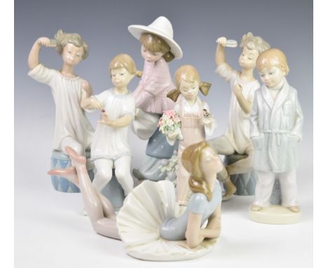 Seven Lladro figures and a Nao lady with bag, tallest 22cm