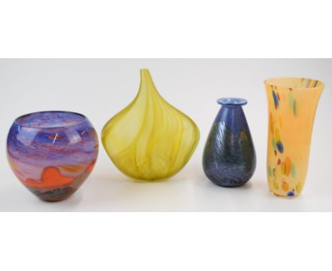 Four pieces of studio art glass comprising Peter St Clair vase, another piece indistinctly signed and named 'Outback' and two