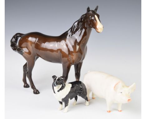 Beswick first version swish tail horse, sheepdog and pig, tallest 21cm