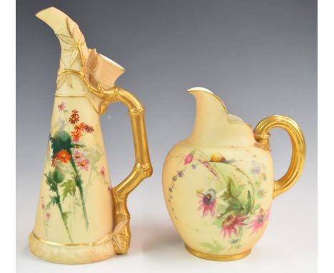 Royal Worcester blush ivory flatback jug and ewer decorated with flowers and a snail, tallest 26cm