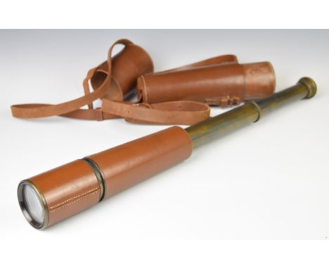British WW2 period sniper's three draw brass and leather telescope, marked tele. sct. regts mkII, HCR &amp; Son Ltd, OS 126 G