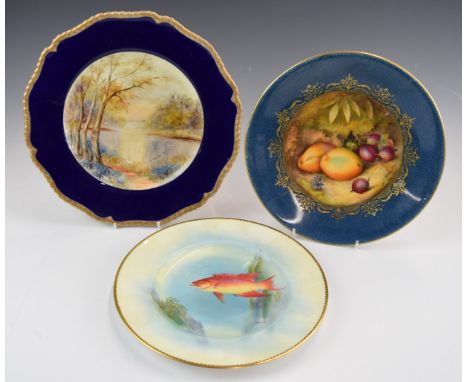 Three cabinet plates including two Royal Worcester examples decorated with Spanish hogfish and painted fruit signed by R Badh