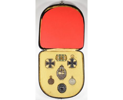German WW1 cased medals / badges comprising Saxony Army reserve badge, Iron Cross First and Second Class, pilot's badge, Frie