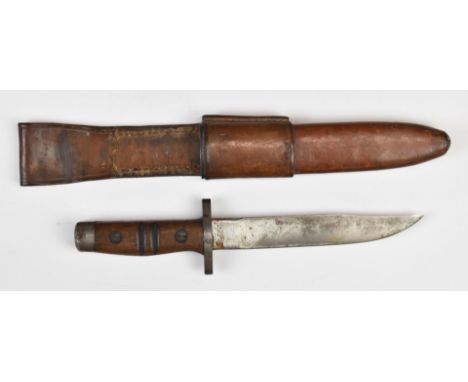 Fighting knife fashioned from a cut down bayonet, with 16cm Bowie style blade, scabbard and frog. PLEASE NOTE ALL BLADED ITEM