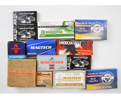 A collection of various shotgun and rifle cartridges including .223 Rem, 8mm Mauser, .38 Spl, .22 Hornet etc, most in origina