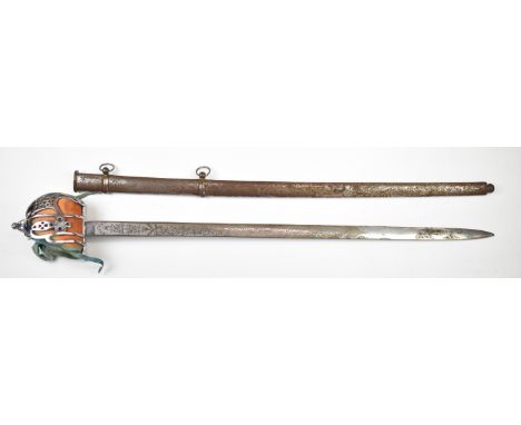Scottish or similar broadsword with basket hilt and etched 85.5cm blade, in two band scabbard. PLEASE NOTE ALL BLADED ITEMS A