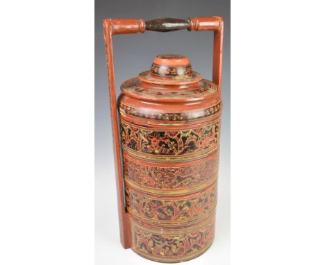 Chinese lacquered sectional tiffin / food carrier with cover, height 48cm and a scroll painting by Wu Xiaoping