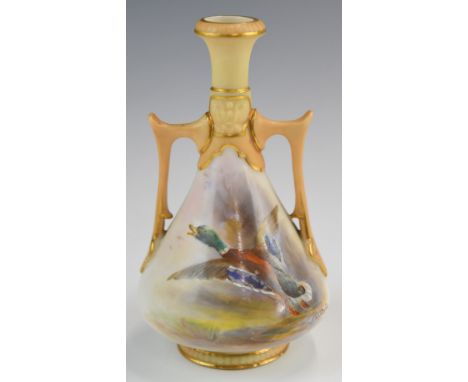 Royal Worcester twin handled pedestal vase decorated with a duck in flight, signed James Stinton, height 10cm