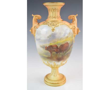 Royal Worcester signed Stinton vase with cattle watering, shape no 1518, height 23cm