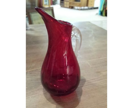 Whitefriars ruby red glass jug with clear handle 12.5 cm tall