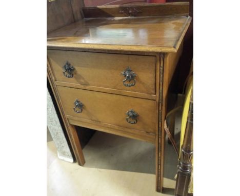 Vintage oak console table, 2 drawers, decorative carving to legs, raised back with some carving (some damage to the raised ba