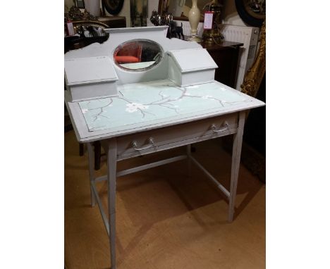 1930's ladies desk with inset mirror and two lidded letter trays, painted. 75 cm wide, 50 cm deep, 71 cm high