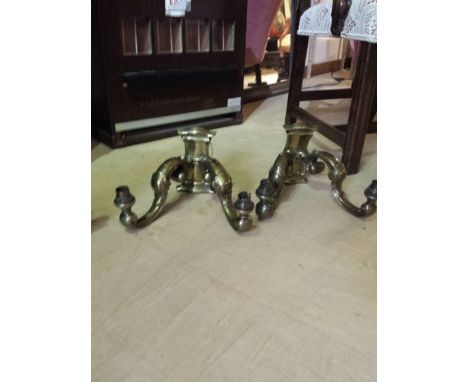Pair of brass two-arm light fittings (untested), heavy, measure approx 24 cm projection from wall