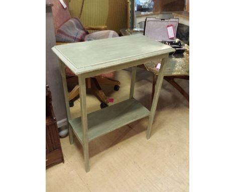 Small vintage green painted console table with undertier. Top measures 58 x 28 cm, height 71.5 cm