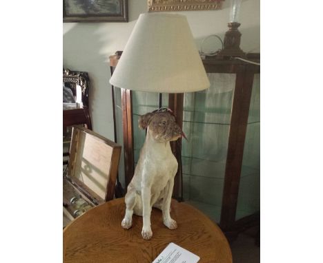 Lamp base and shade, Boxer dog (resin), linen shade. 45 cm high (base) 72 cm high overall with shade. This has been PAT teste