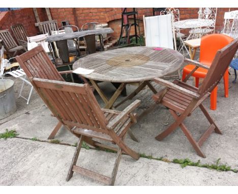 Circular teak garden table and three chairs 120cm diameter table