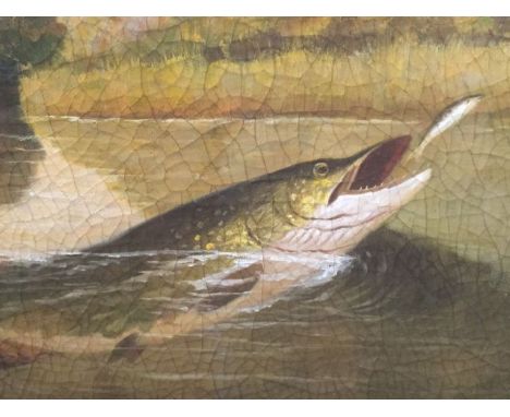 English School, late 20th century, portrait of a pike chasing a fish, oil on canvas laid on board, 20cm x 40cm. Condition: fr