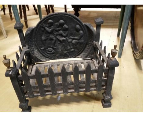 Vintage cast iron fire basket with decorated back panel, bottom plate removes for cleaning. Portcullis design. 44 cm widest p