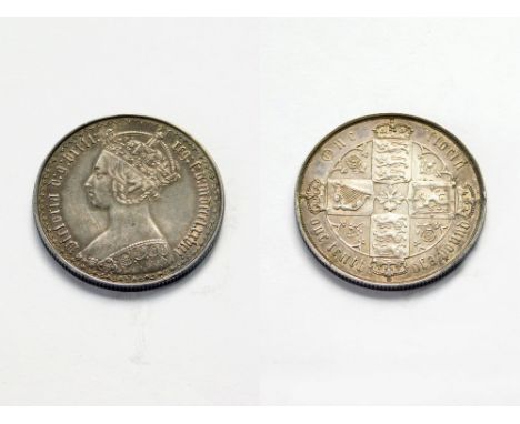 VICTORIA GOTHIC FLORIN. An 1878 Victoria Gothic florin. Appears near EF. Dark patina to obverse, reverse lighter. Provenance: