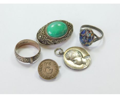 SILVER JEWELLERY ETC. A turquoise-set silver filigree brooch, a French medal, 1902, after Radivon, a Victorian silver ring et