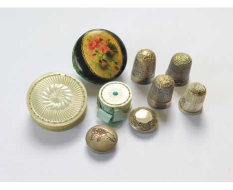 THIMBLES ETC. Three various silver thimbles & a Charles Horner Dorcas thimble. Also, two 19th century mother of pearl pin whe