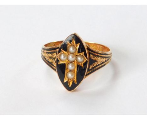 MOURNING RING. A Victorian 15ct. gold mourning ring, the navette top set a half pearl cross, to the reverse a hair compartmen