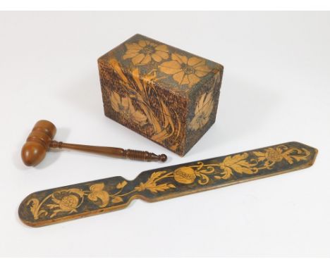 GAVEL ETC. A turned gavel, a page turner with pen-work decoration of pomegranates & a poker-work playing card box.  Please no