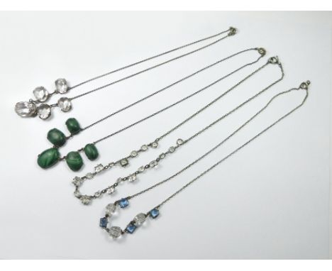 MALACHITE ETC. A silver necklace set with malachite & three other vintage necklaces.  Please note that all items in this auct