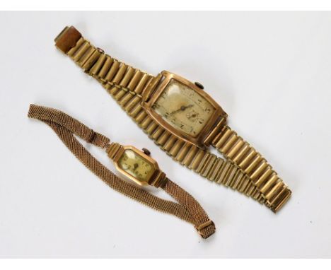 GOLD WATCH ETC. A lady's 1930's 9ct. gold-cased Art Deco wristwatch on rolled gold mesh strap. Also, a gentleman's vintage wr