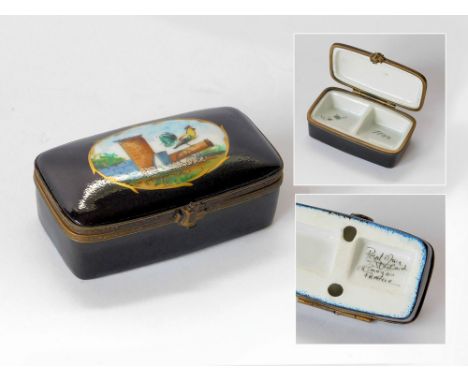 STAMPS BOX. A modern hand-painted, Limoges porcelain, twin-compartment stamps box. Script naming & 'Peint Main' to base. Insi
