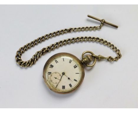 WATCH & CHAIN. A 1920's silver, open face, keyless pocket watch. Hung on a silver, hallmarked, graduated curb link watch chai