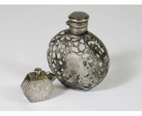 SCENT FLASKS. A sterling silver scent flask, the glass body with monogrammed silver overlay. Height 8.3cm. Also, a modern 925