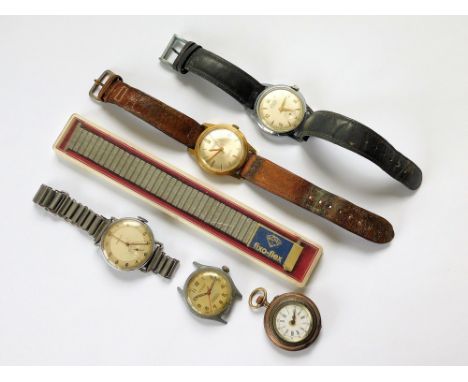 VINTAGE WRISTWATCHES ETC. Four vintage wristwatches: a chromium-cased Junghans Trilastic; a Marvin wristwatch with bracelet s