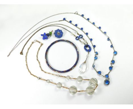 COSTUME JEWELLERY. Three 1930's/40's glass bead necklaces, two painted bone brooches & a Chinese enamelled bangle. Please not