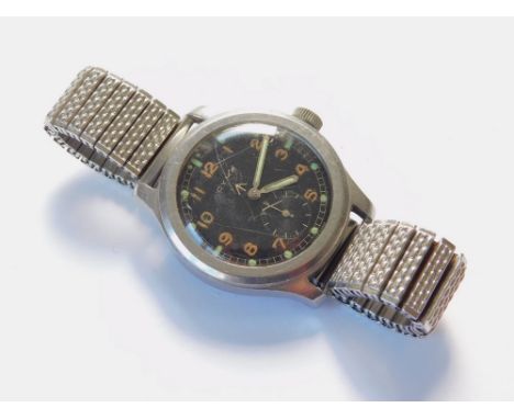 CYMA MILITARY WATCH. A WWII Cyma, 'Dirty Dozen' military issue wristwatch. Stainless steel case, black dial, with broad arrow