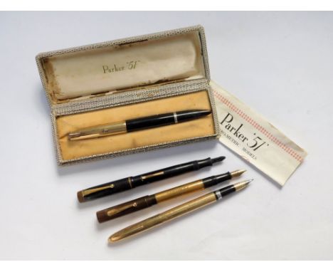 FOUNTAIN PENS. A black Parker 51 fountain pen in original box, with leaflet. Also, a Mentmore Auto-Flow, a Waterman's Ideal (