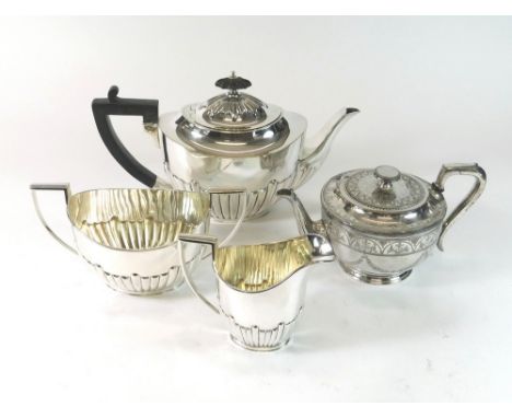 TEA SERVICE ETC. An EPNS three piece, half fluted tea service & a Victorian EPBM small teapot.  Please note that all items in