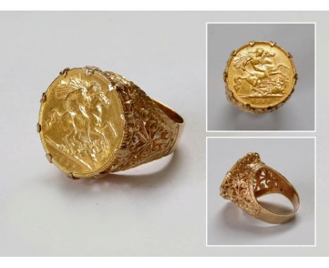 GOLD COIN JEWELLERY. A George V, 1925 half sovereign, in a 9ct. gold ring mount. Approx. 9g. Size N/O.  Please note that all 