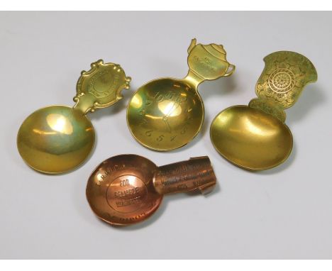 CADDY SPOONS. Three brass caddy spoons & a copper advertising spoon for T. & R. Williamson Ltd., Ripon.  Please note that all
