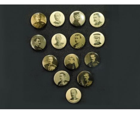BOER WAR BUTTON BADGES. Fourteen Boer War celluloid portrait badges including Kitchener, Baden-Powell, Roberts & Buller.  Ple
