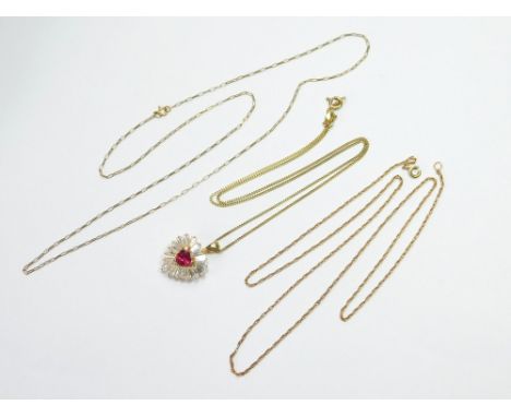 GOLD CHAINS ETC. A 9k. rose coloured chain (bolt ring damaged) & one other 9k. chain. Also, a 22ct. gold plated zircon crysta