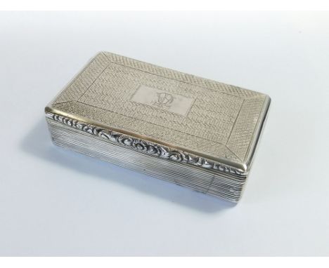 SNUFF BOX. A 19th century silver plated brass snuff box, monogrammed. Pseudo silver marks. 8.3 x 5.3cm.  Please note that all