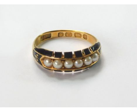 MOURNING RING. A Victorian 18ct. gold black enamel & half pearl mourning ring. Birmingham 1879. Approx. 3.9g. Size L/M.  Plea