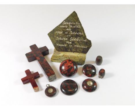 CORNISH SERPENTINE. A Cornish Serpentine advertisement for Rogers of Helston, an antique Cornish red serpentine cross (broken