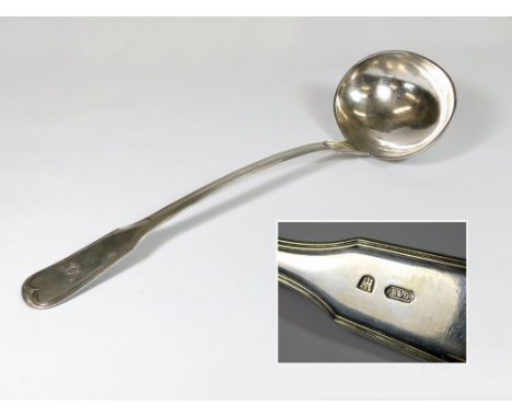 SOUP LADLE. A 19th century German silver coloured metal, fiddle & thread pattern soup ladle with monogrammed handle. Hamburg 