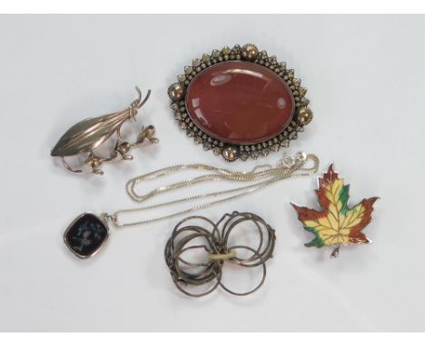 DANISH SILVER ETC. A Danish silver Lily-of-the-Valley brooch by Brdr Bjerrin, Copenhagen, a silver maple leaf brooch & a larg