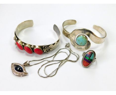 SILVER BRACELETS ETC. A Mexican silver bracelet set a turquoise coloured stone & one other silver bracelet. Also, a silver dr