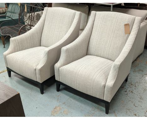 ARMCHAIRS, a pair, light grey fabric upholstered, 95cm x 96cm x 80cm. (2) 