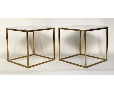 LAMP TABLES, 1960s style, a pair, square variegated grey marble top on stretchered gilt metal supports, 50cm x 50cm x 45cm. (