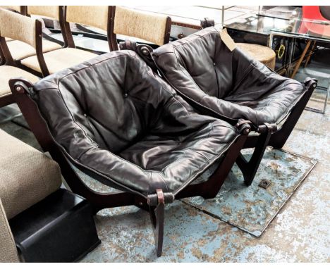 LOUNGE CHAIRS, a near pair, 72cm x 72cm x 72cm, 1960s Danish style, leather finish seats, button detail. (2) 